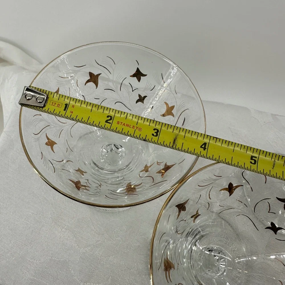 Vintage Royal Fern Martini Coupe Glasses Clear Gold Starburst Excellnt MCM Libby